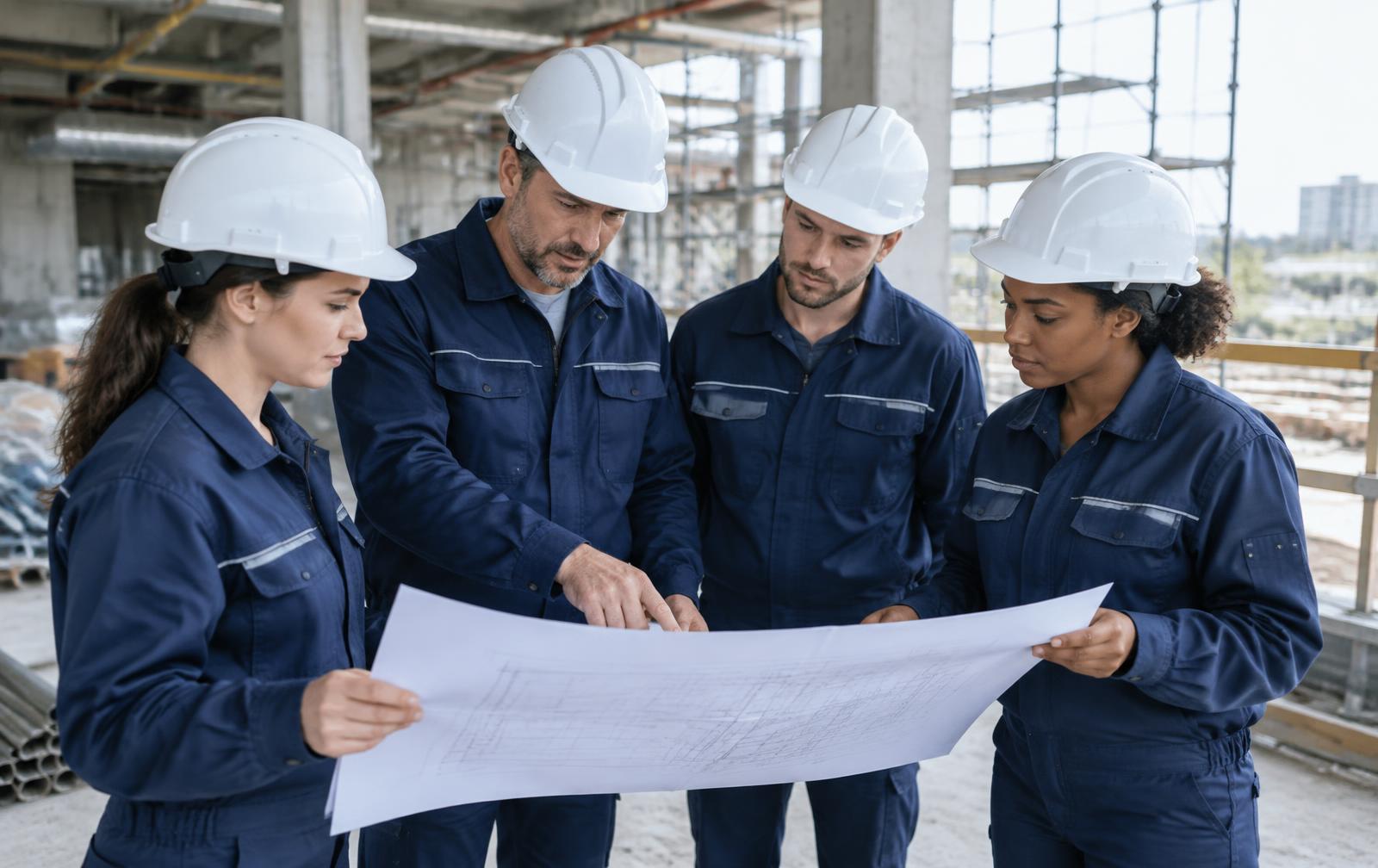 Building services engineers reviewing drawings on site